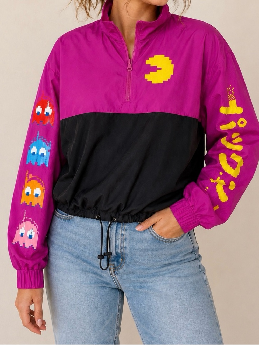 PAC-MAN Women’s Colorblock Windbreaker Jacket Retro Arcade NWOT